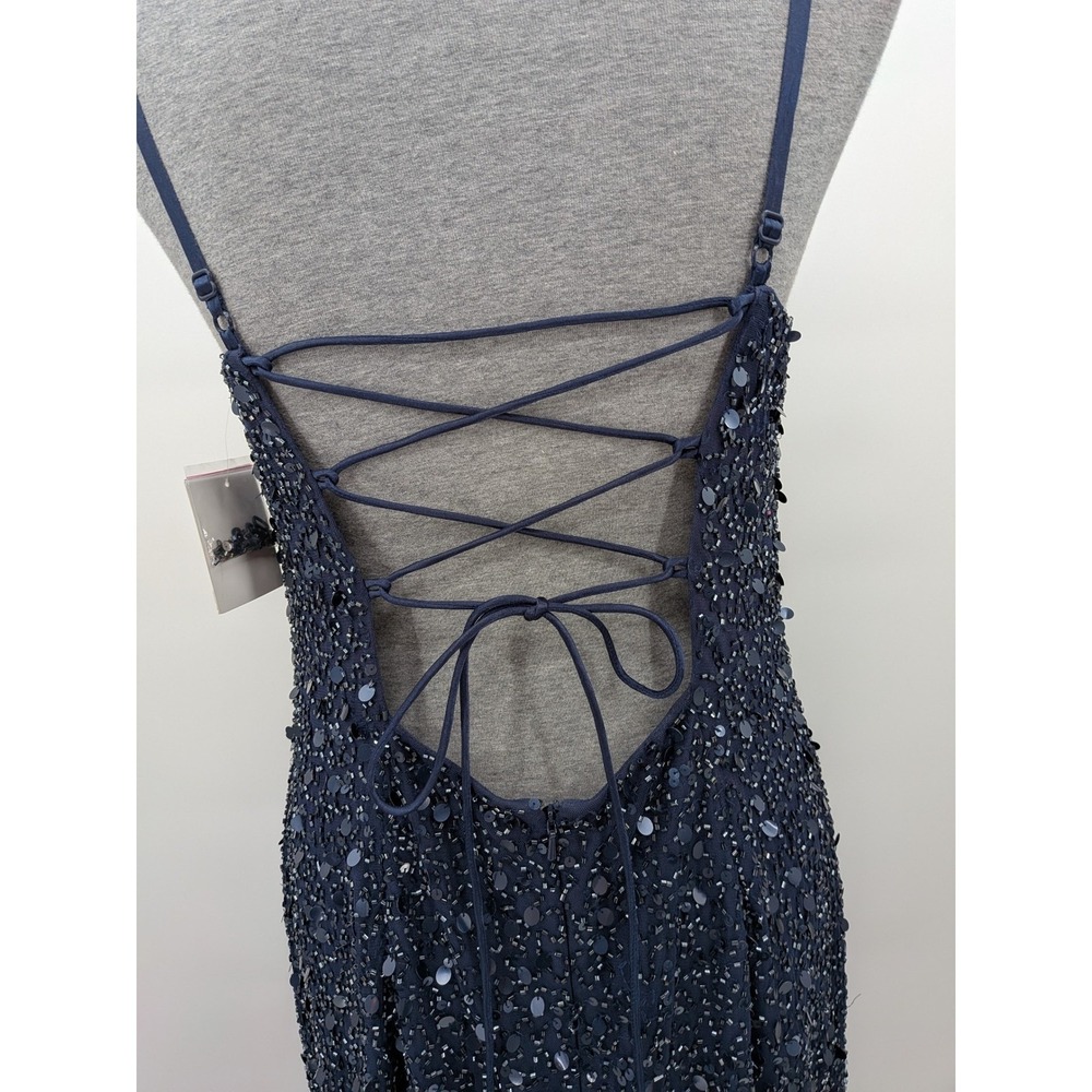 Prom Wedding Blue Gold All Over Sequins Beads Lace Up Back Floral Slit 12 Dress - Picture 4 of 14